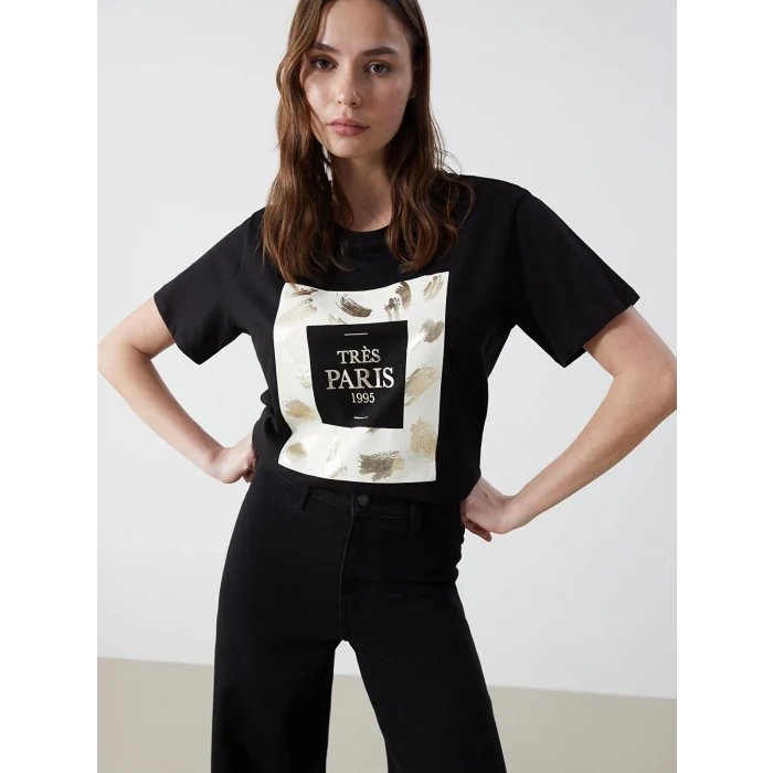 LCW Vision Siyah Bisiklet Yaka Paris Baskılı Kadın Tişört