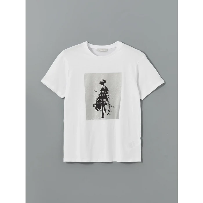 LCW Vision Beyaz Bisiklet Yaka Paris Baskılı Kadın Tişört