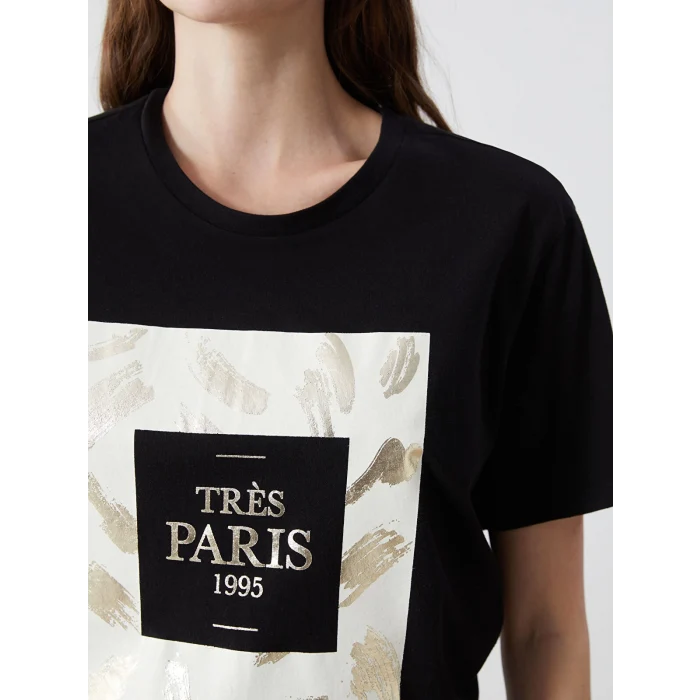LCW Vision Siyah Bisiklet Yaka Paris Baskılı Kadın Tişört