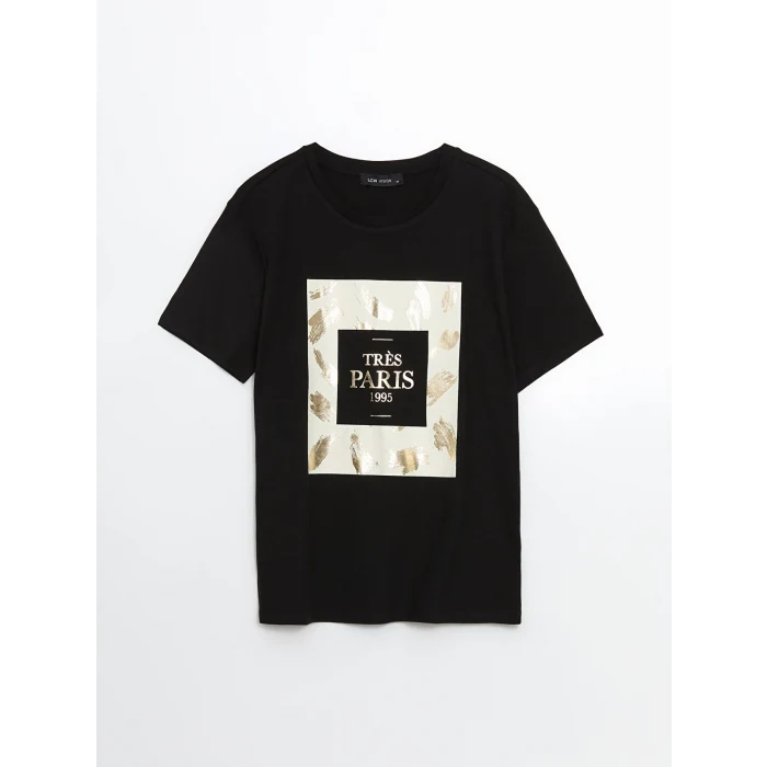 LCW Vision Siyah Bisiklet Yaka Paris Baskılı Kadın Tişört