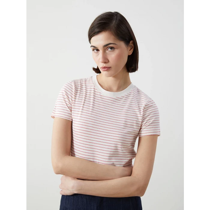 LCW Vision Kirmizi Bisiklet Yaka Çizgili Kadın Tişört
