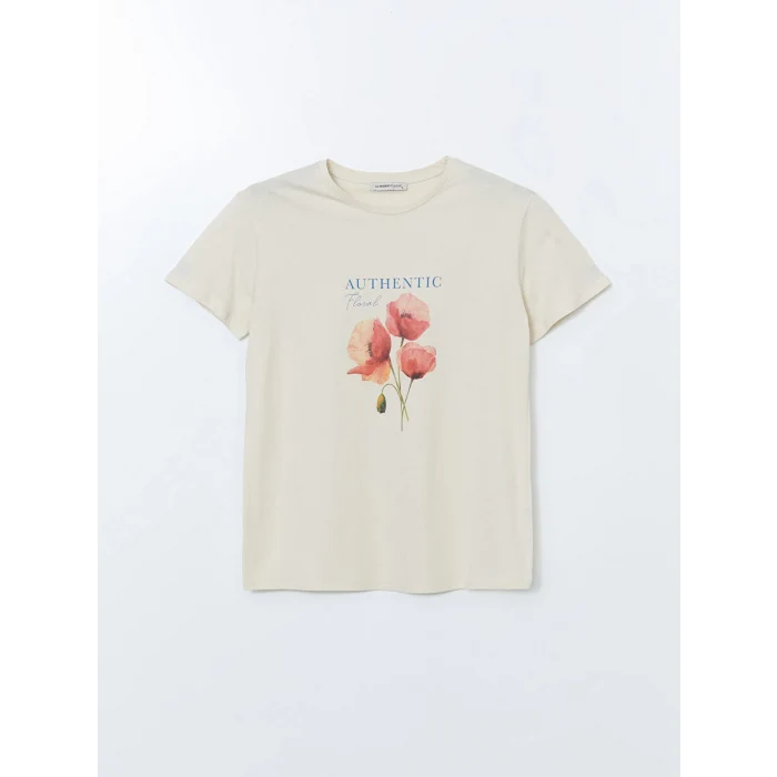 LCWAIKIKI Classic Bej Bisiklet Yaka Çiçekli Penye Kadın Tişört