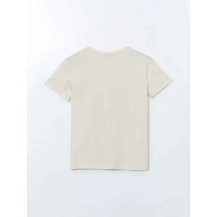 LCWAIKIKI Classic Bej Bisiklet Yaka Çiçekli Penye Kadın Tişört