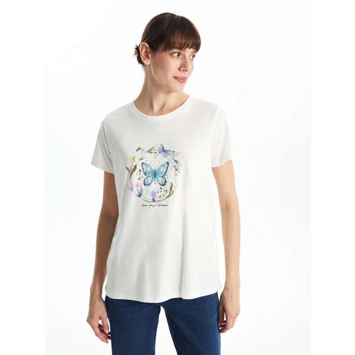 LCWAIKIKI Classic Ekru Bisiklet Yaka Baskılı Kadın Tişört