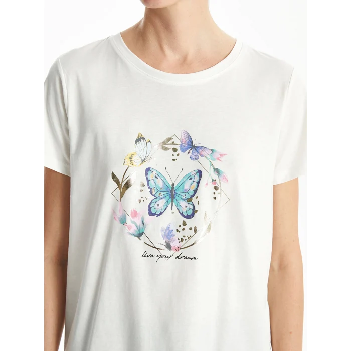 LCWAIKIKI Classic Ekru Bisiklet Yaka Baskılı Kadın Tişört