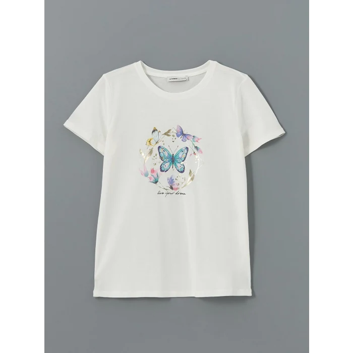 LCWAIKIKI Classic Ekru Bisiklet Yaka Baskılı Kadın Tişört