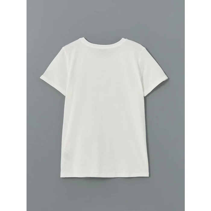 LCWAIKIKI Classic Ekru Bisiklet Yaka Baskılı Kadın Tişört