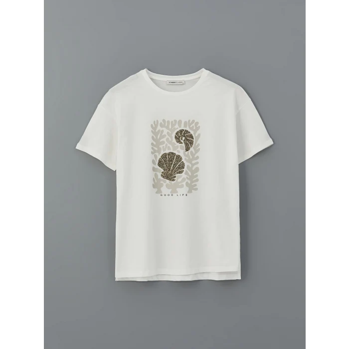 LCWAIKIKI Classic Ekru Bisiklet Yaka Baskılı Kadın Tişört