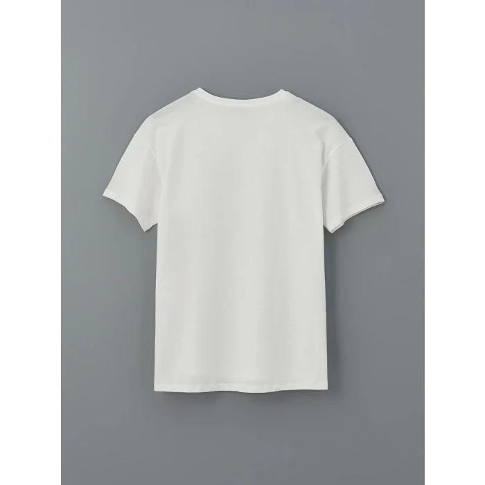 LCWAIKIKI Classic Ekru Bisiklet Yaka Baskılı Kadın Tişört