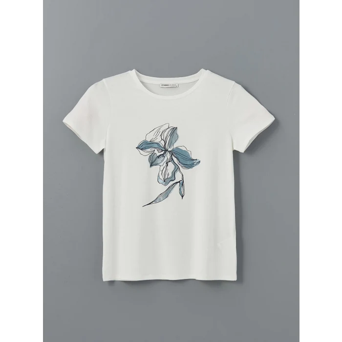 LCWAIKIKI Classic Ekru Bisiklet Yaka Çiçekli Kadın Tişört