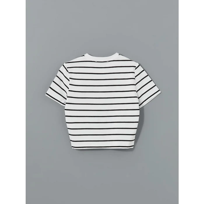 XSIDE Beyaz Bisiklet Yaka Çizgili Kadın Crop