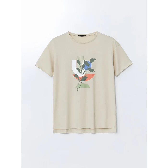 LCWAIKIKI Classic Bej Bisiklet Yaka Çiçekli Kadın Tişört
