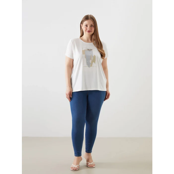 LCWAIKIKI Classic Ekru Bisiklet Yaka Baskılı Kadın Tişört