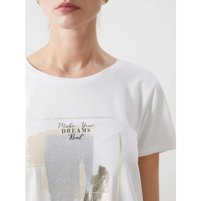 LCWAIKIKI Classic Ekru Bisiklet Yaka Baskılı Kadın Tişört