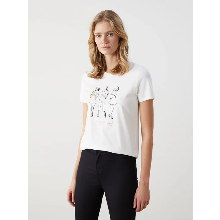 LCW Vision Ekru Bisiklet Yaka Baskılı Kadın Tişört