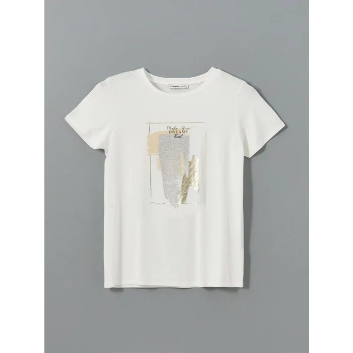 LCWAIKIKI Classic Ekru Bisiklet Yaka Baskılı Kadın Tişört