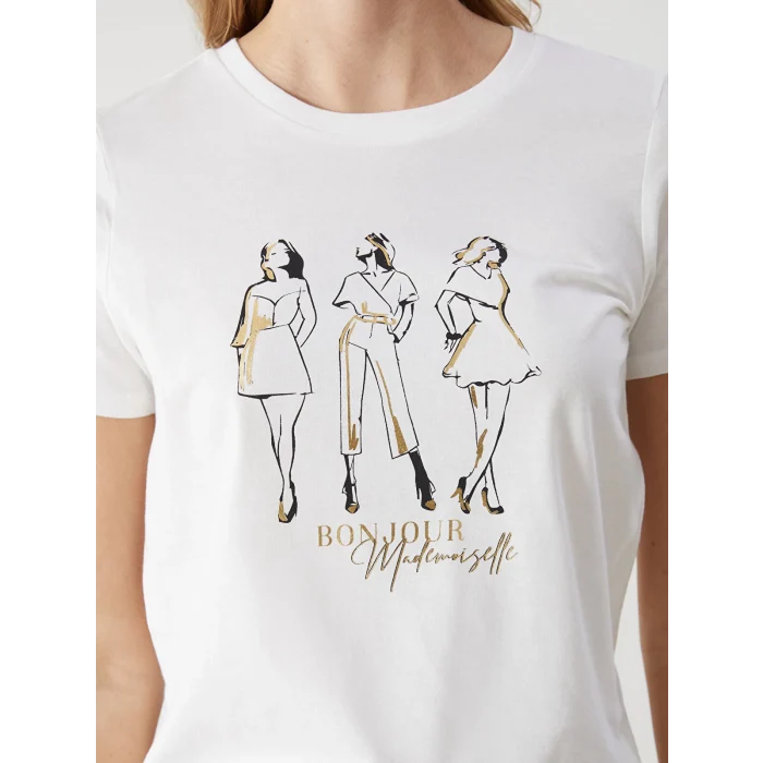 LCW Vision Ekru Bisiklet Yaka Baskılı Kadın Tişört