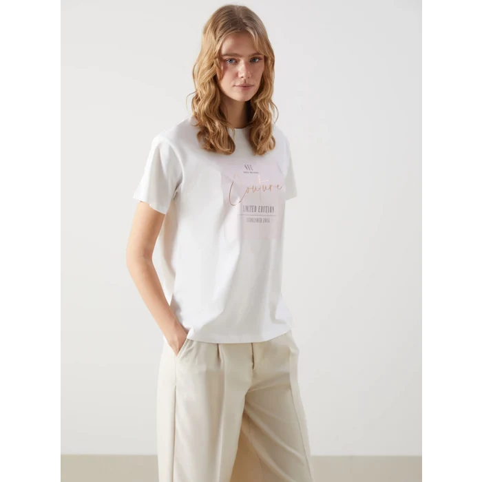 LCW Vision Ekru Bisiklet Yaka Baskılı Kadın Tişört