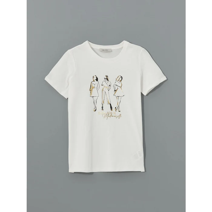 LCW Vision Ekru Bisiklet Yaka Baskılı Kadın Tişört