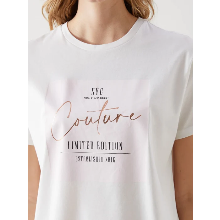 LCW Vision Ekru Bisiklet Yaka Baskılı Kadın Tişört