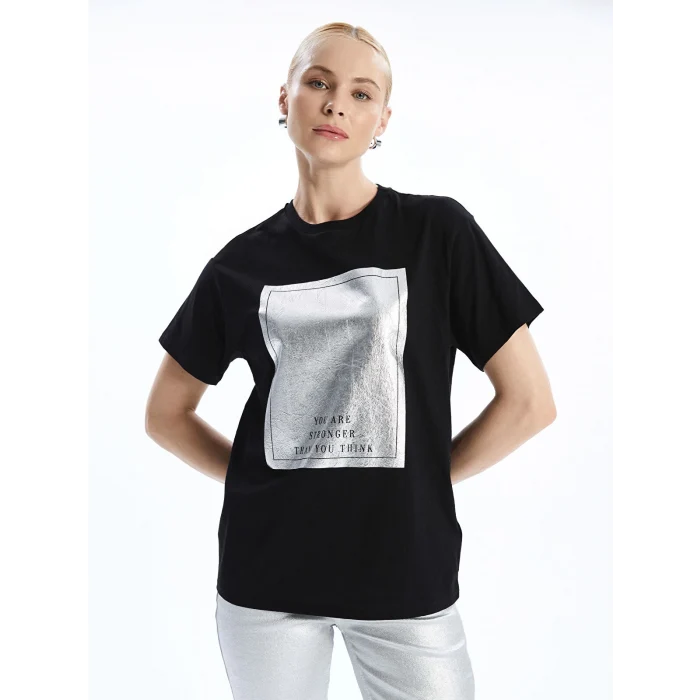 LCW Vision Siyah Bisiklet Yaka Baskılı Kadın Tişört