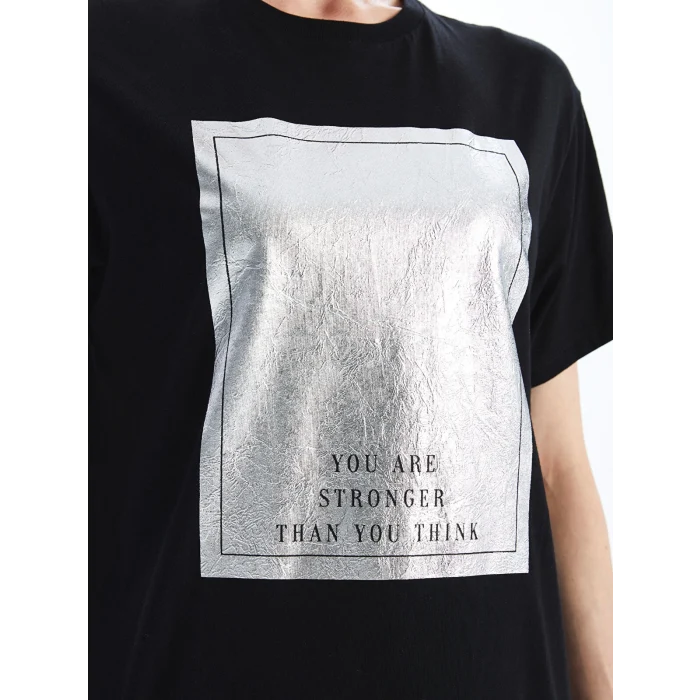 LCW Vision Siyah Bisiklet Yaka Baskılı Kadın Tişört