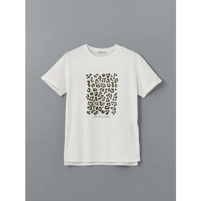 LCWAIKIKI Classic Ekru Bisiklet Yaka Leopar Baskılı Kadın Tişört