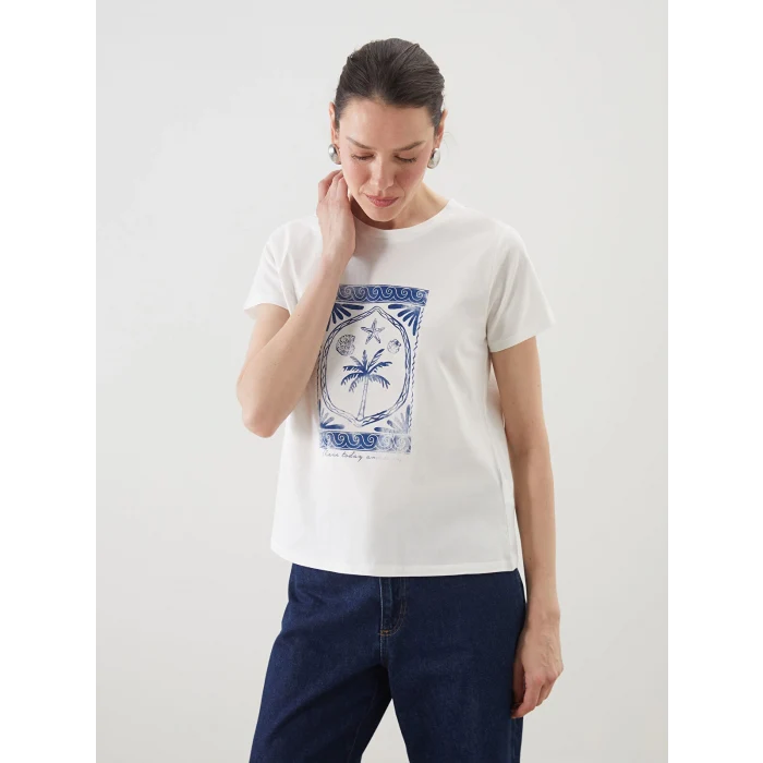 LCWAIKIKI Classic Ekru Bisiklet Yaka Baskılı Kadın Tişört