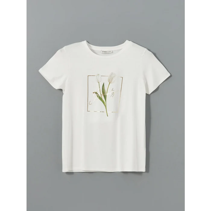 LCWAIKIKI Classic Ekru Bisiklet Yaka Çiçekli Kadın Tişört