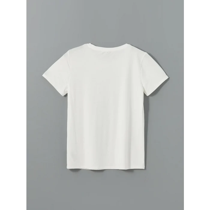 LCWAIKIKI Classic Ekru Bisiklet Yaka Çiçekli Kadın Tişört