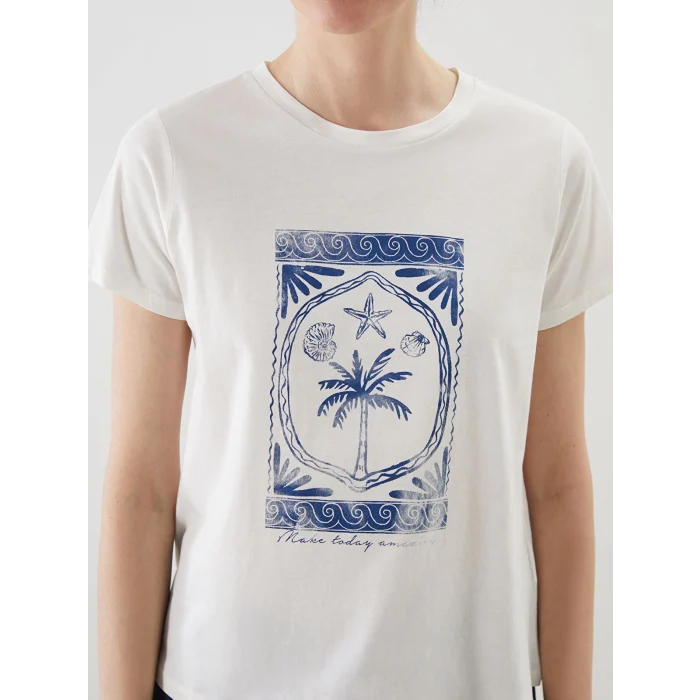 LCWAIKIKI Classic Ekru Bisiklet Yaka Baskılı Kadın Tişört