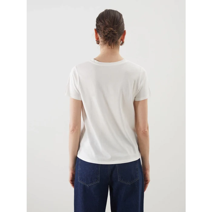 LCWAIKIKI Classic Ekru Bisiklet Yaka Baskılı Kadın Tişört