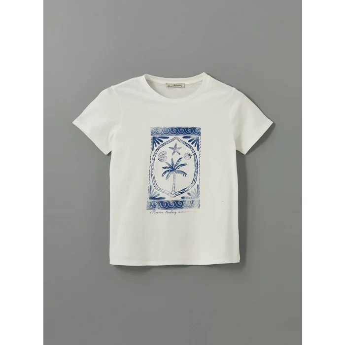 LCWAIKIKI Classic Ekru Bisiklet Yaka Baskılı Kadın Tişört