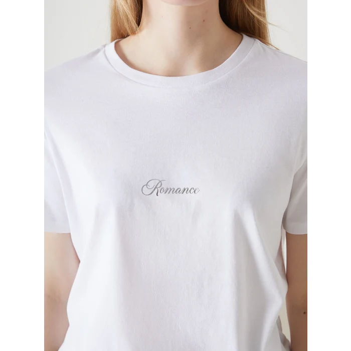 LCW Vision Beyaz Bisiklet Yaka Baskılı Kadın Tişört