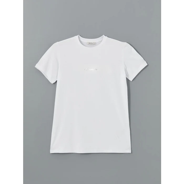 LCW Vision Beyaz Bisiklet Yaka Baskılı Kadın Tişört