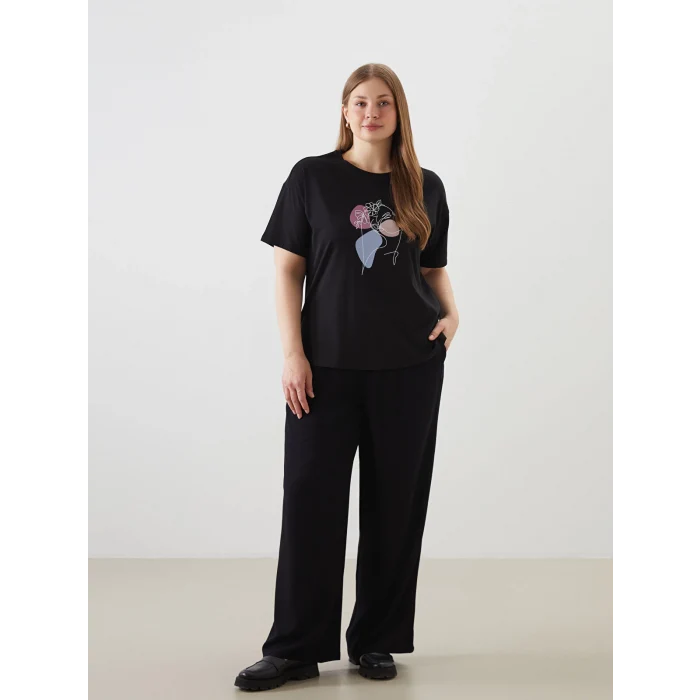 LCWAIKIKI Classic Siyah Bisiklet Yaka Baskılı Kadın Tişört