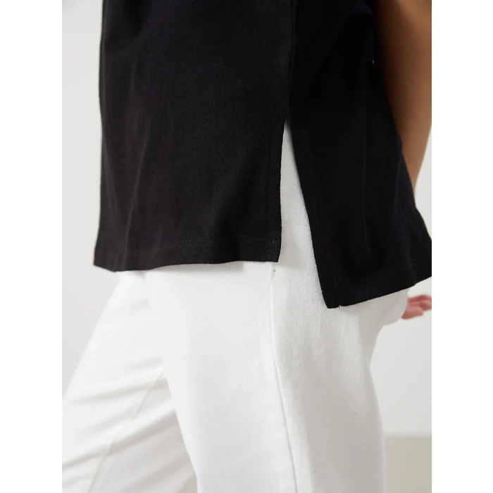 LCWAIKIKI Classic Siyah Bisiklet Yaka Baskılı Kadın Tişört