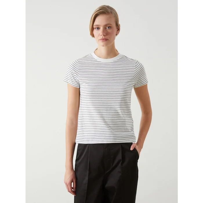 LCW Vision Beyaz Bisiklet Yaka Çizgili Kadın Tişört