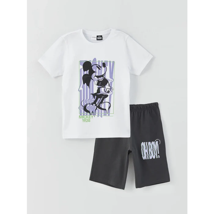 LCW Kids Beyaz Bisiklet Yaka Mickey Mouse Baskılı Kısa Kollu Erkek Çocuk Şortlu Pijama Takımı
