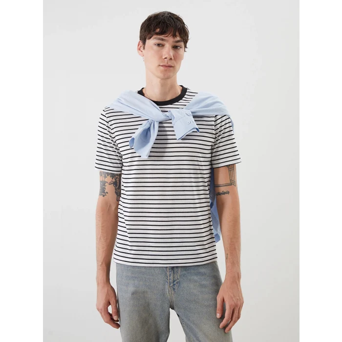 XSIDE Siyah Bisiklet Yaka Çizgili Penye Erkek Tişört