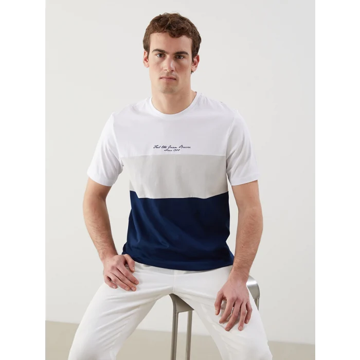 LCWAIKIKI Classic Lacivert Bisiklet Yaka Renk Bloklu Penye Erkek Tişört