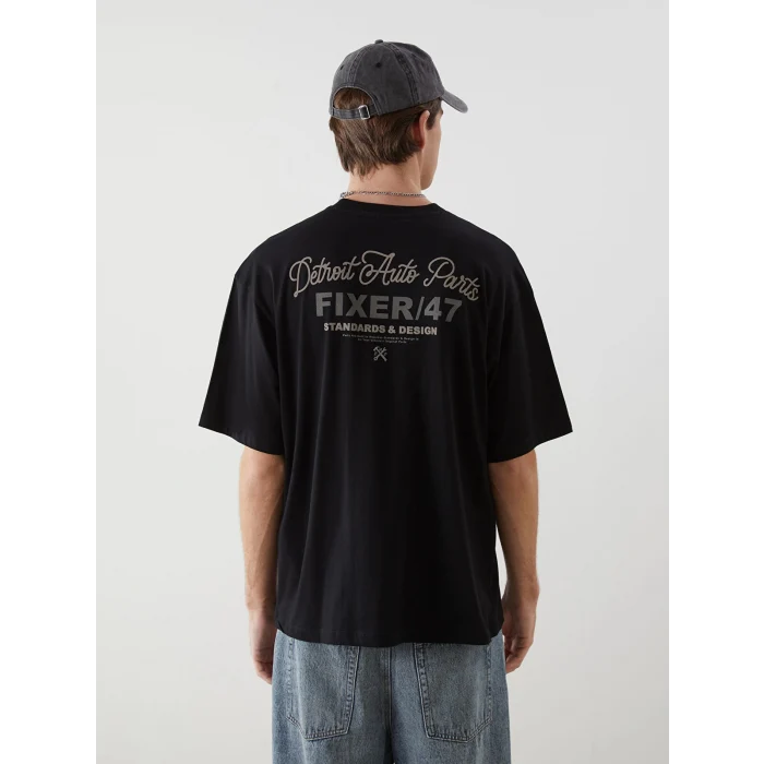 XSIDE Siyah Bisiklet Yaka Baskılı Penye Erkek Tişört