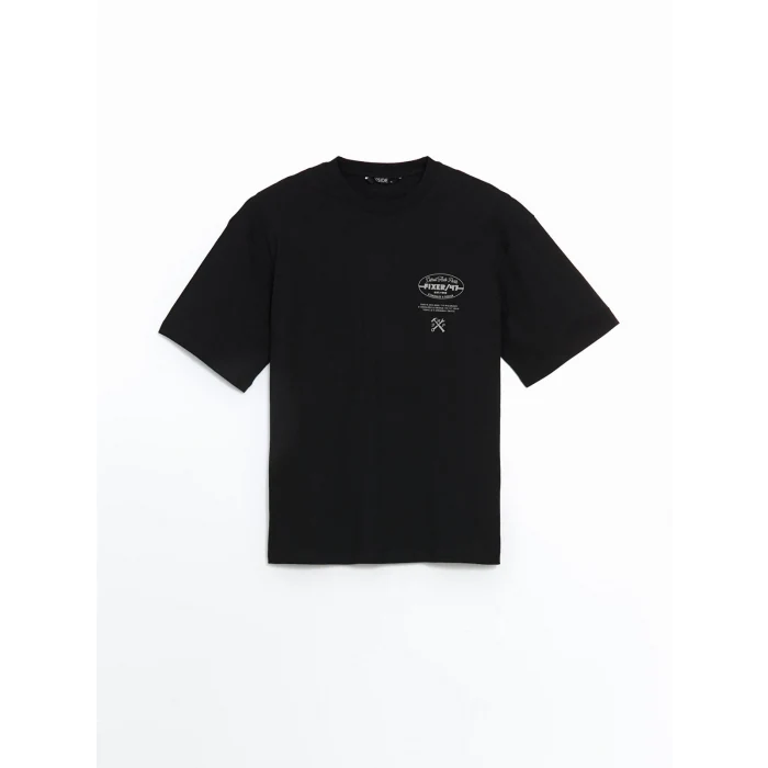 XSIDE Siyah Bisiklet Yaka Baskılı Penye Erkek Tişört