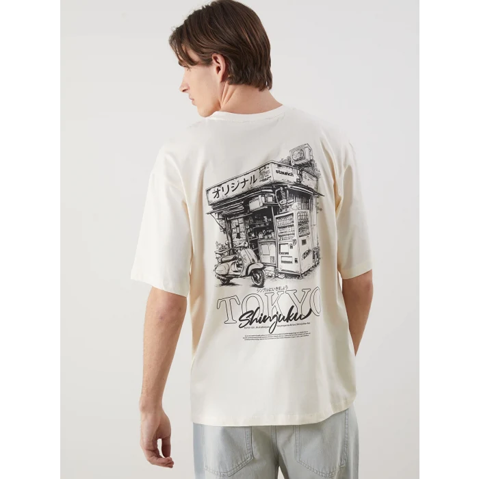 XSIDE Bej Bisiklet Yaka Tokyo Baskılı Erkek Tişört