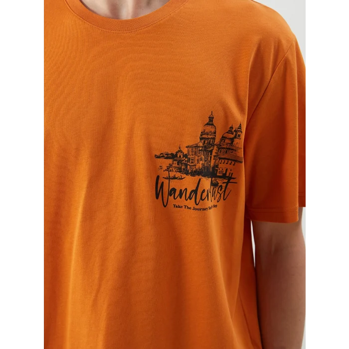 XSIDE Turuncu Bisiklet Yaka Baskılı Penye Erkek Tişört