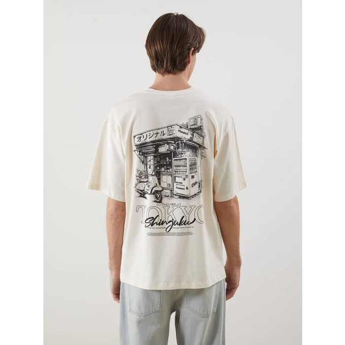 XSIDE Bej Bisiklet Yaka Tokyo Baskılı Erkek Tişört