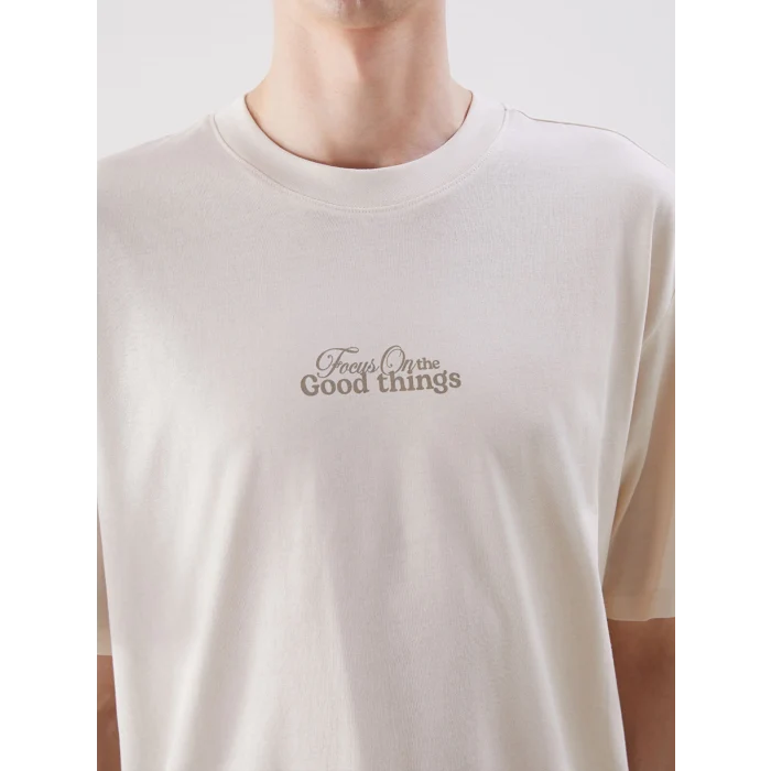 XSIDE Bej Bisiklet Yaka Baskılı Penye Erkek Tişört