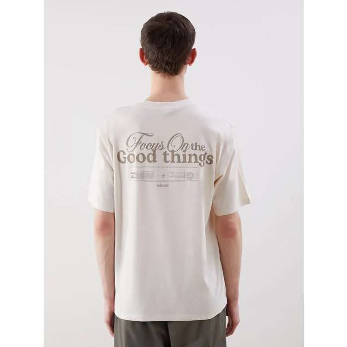 XSIDE Bej Bisiklet Yaka Baskılı Penye Erkek Tişört