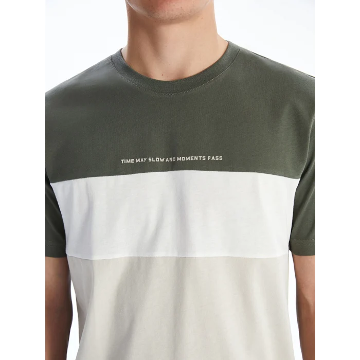 XSIDE Haki Bisiklet Yaka Renk Bloklu Penye Erkek Tişört