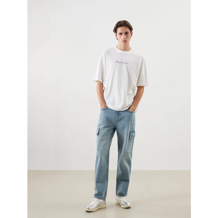 XSIDE Ekru Bisiklet Yaka Baskılı Penye Erkek Tişört